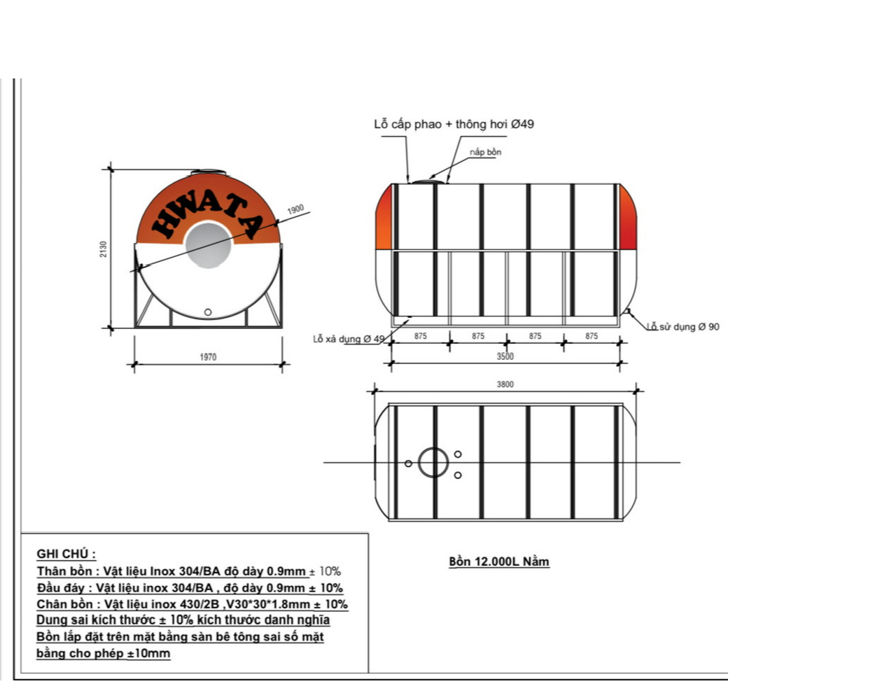 ban ve bon nuoc inox hwata 12000l ngang